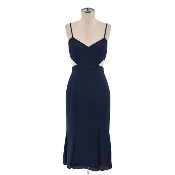FAME and PARTNERS Dress Womens Size 2 Navy Blue Spagetti Strap Zyra Cut Out Midi - Picture 1 of 13